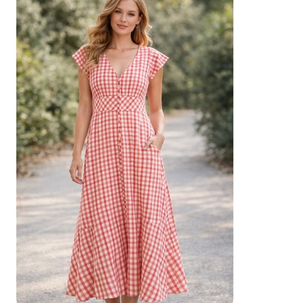 LOFT Red Gingham Maxi Dress